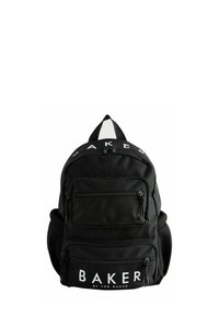 Schwarzer Rucksack mit zwei vorderen Reißverschlussfächern, seitlichen Netztaschen, einem oberen Aufhängeloop und weißem Markenaufdruck. Aus strapazierfähigem Stoff gefertigt.