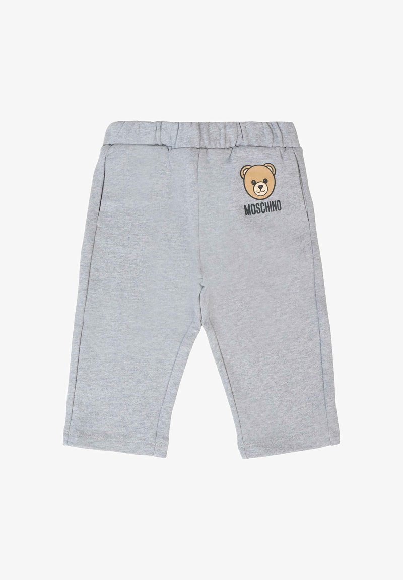Grijze fleece broek met elastische tailleband, voorzien van een berenafbeelding en "Moschino" tekst aan de voorkant. Rechte snit zonder zakken.
