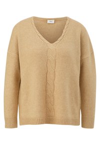 V-Ausschnitt Pullover in hellbeige, gestrickte Textur, mit einem Kabelmuster in der Mitte und gerippten Bündchen und Saum.