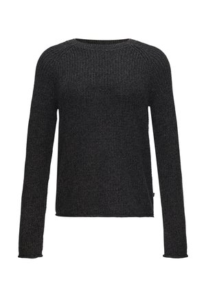 Black knitted sweater with long sleeves, round neck, textured fabric, side slit, and subtle stitching details at the hems.