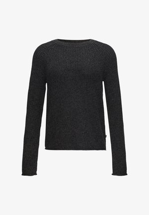 Black knitted sweater with long sleeves, round neck, textured fabric, side slit, and subtle stitching details at the hems.