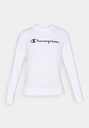 Hvid sweatshirt lavet af bomuld med lange ærmer, rund hals og et sort "Champion"-logo på brystet. Har ribbede manchetter og kant.