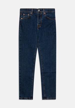 Mørkeblå denimjeans med lige ben, fem-lomme design, kobbernitter og knaplukning ved taljen. Glat tekstur.
