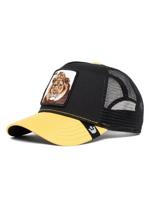 Cappellino trucker in rete nera con visiera gialla e cuciture abbinate. La parte anteriore presenta una patch ricamata a forma di leone. La parte posteriore è in rete per una migliore traspirabilità.