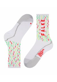 Chaussettes blanches présentant un motif coloré de points rouges, verts et jaunes. Le texte sur le côté indique "FALKE IMPULSE" en rouge vif. Talon et orteil renforcés.