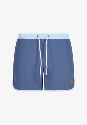 Herren Badehosen in Marineblau mit einem hellblauen Bund. Sie verfügen über einen elastischen Kordelzug, Seitentaschen und ein kleines braunes Logo-Label.