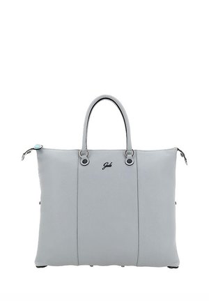 Hellgraue Ledertasche mit zwei Griffen, Reißverschluss und dem "Gabs"-Logo mittig auf der Vorderseite.