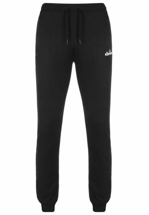 Pantalones de chándal negros de felpa con cintura elástica y cordón, con puños acanalados y un pequeño logo blanco en el muslo izquierdo.