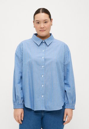 Blue and white striped button-up shirt with a large collar, relaxed fit, and gathered sleeves. Made of lightweight fabric.