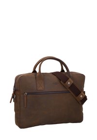 Bruine leren laptoptas met een ritsvak aan de voorkant, dubbele handgrepen aan de bovenkant en een afneembare bruine schouderriem. Heeft een gladde textuur en minimale accenten.