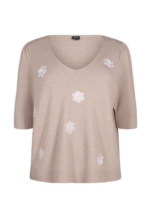 Beige pletený svetr s výstřihem do V a krátkými nabíranými rukávy, zdobený bílou květinovou výšivkou a žebrovaným lemem a manžetami.