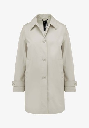 Beżowy płaszcz przeciwdeszczowy jednorzędowy z trzema guzikami, szerokim kołnierzem, kieszeniami po bokach i paskami z guzikami na mankietach.