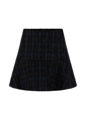 Schwarzer Skater-Rock mit strukturierter gewebter Oberfläche, ausgestelltem Design und dezenten dunkelblauen Streifen, mittellang bis zur Mitte des Oberschenkels.