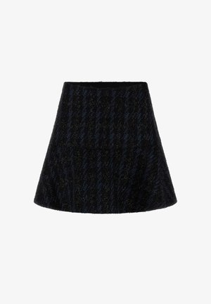 Schwarzer Skater-Rock mit strukturierter gewebter Oberfläche, ausgestelltem Design und dezenten dunkelblauen Streifen, mittellang bis zur Mitte des Oberschenkels.