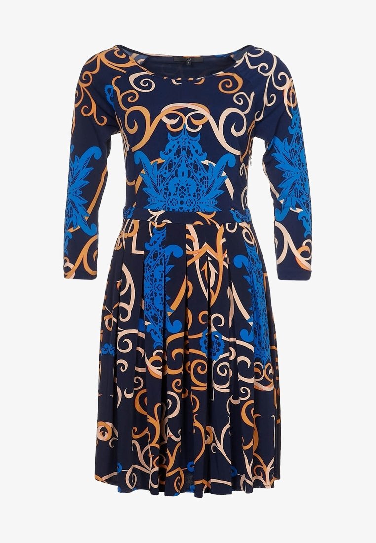 Robe bleu foncé à manches longues avec taille cintrée et jupe évasée, décorée de motifs floraux abstraits et tourbillonnants orange vif et bleu lumineux.