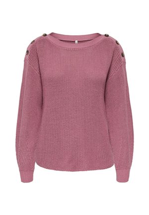 Pull en tricot mauve à manches longues avec des boutons le long des coutures des épaules.