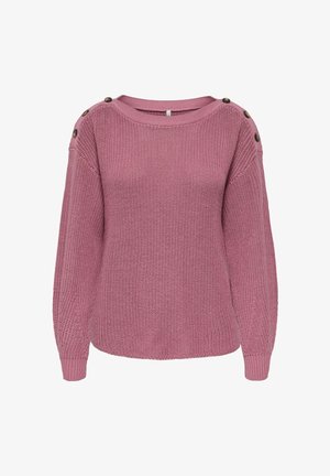 Lavendelfarget strikkegenser med lange ermer og knappedetaljer langs begge skuldersømmer.