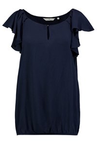 Marineblaue Bluse aus weichem Stoff, mit Rüschenshortsärmeln, einem Schlüsselloch-Ausschnitt und einem gerafften Saum für eine lockere Passform.