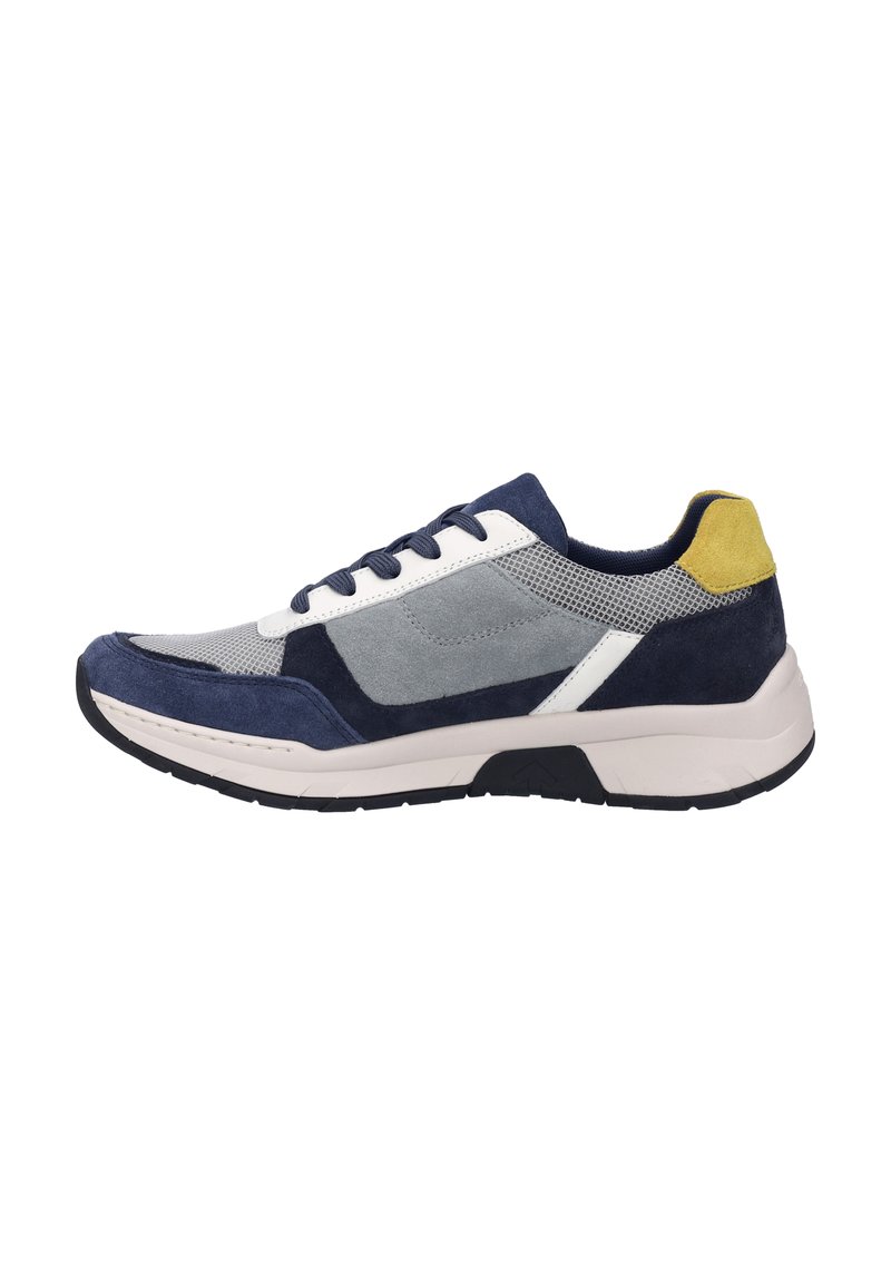 Navy and gray sneaker with suede and mesh upper, white accents, yellow heel tab, and black rubber sole. Features lace-up closure and textured panels.