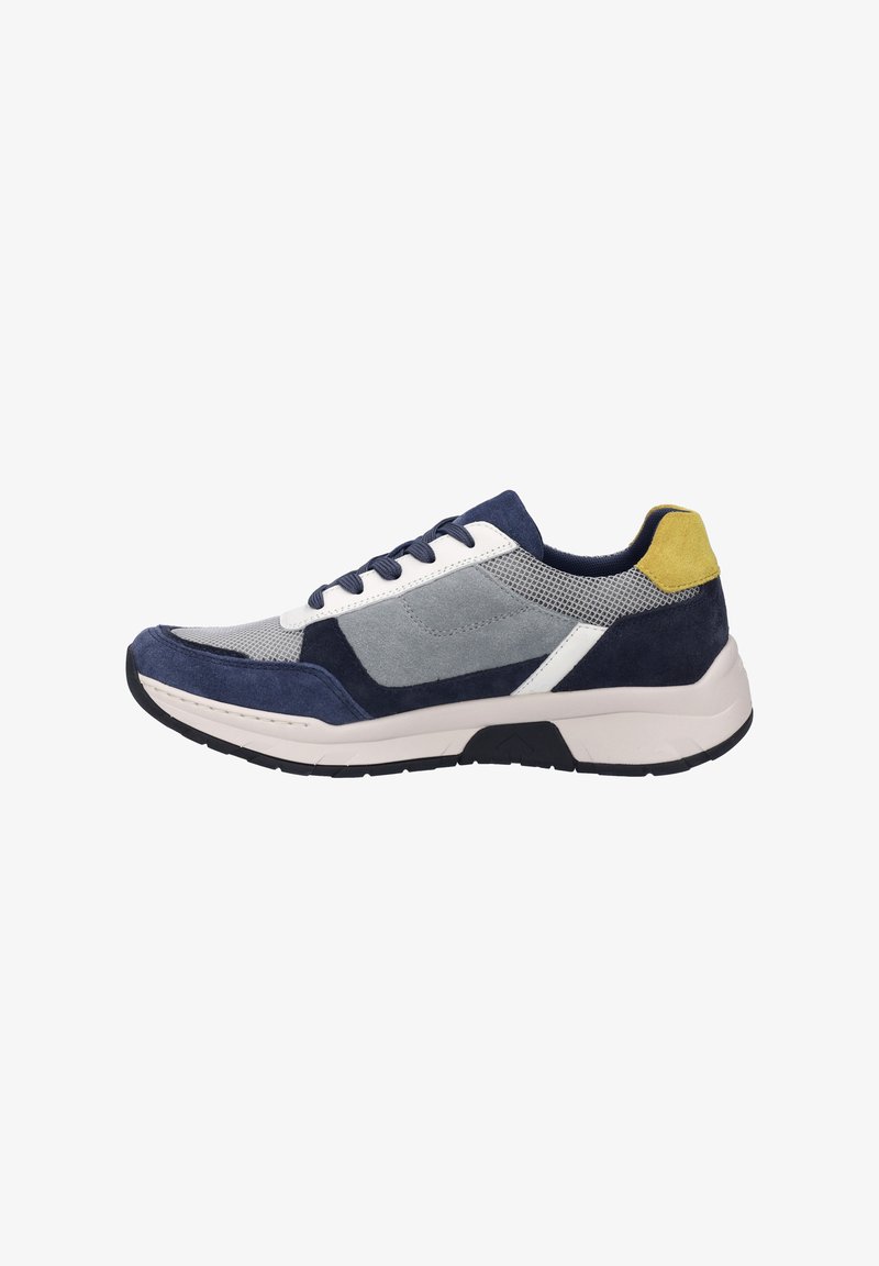 Navy and gray sneaker with suede and mesh upper, white accents, yellow heel tab, and black rubber sole. Features lace-up closure and textured panels.