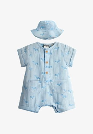 Tutina neonato azzurra chiaro con maniche corte e bottoni in legno, con stampe di balene, abbinata a un cappello a secchiello coordinato.