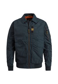Marinebomberjakke med lynlåslukning, flere lommer, ribbede manchetter og kant samt en orange foret inderside. Fremstillet af glat, letvægtsstof.