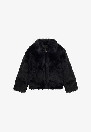 Schwarze Kunstpelzjacke mit kurzer, kastiger Silhouette, breitem Kragen, Reißverschluss und strukturierter, flauschiger Oberfläche.