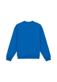 Sudadera azul con cuello redondo, mangas largas y puños y dobladillo acanalados. Fabricada en una tela suave y lisa de color sólido.