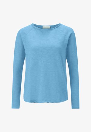 Svetlomodré tričko s dlhým rukávom a okrúhlym výstrihom, s voľným strihom a jemnou melírovanou textúrou.