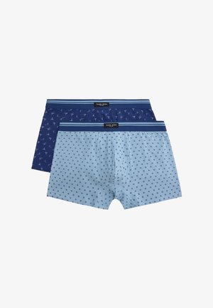 Dos pares de bóxers para hombre, uno azul claro con un pequeño patrón floral azul oscuro, y otro azul oscuro con un patrón de pájaros blancos, ambos con cinturillas azules.