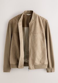 Beige Bomberjacke mit wildlederartiger Vorderseite, gestrickten Ärmeln und Reißverschluss. Verfügt über Seitentaschen und ein schlichtes, klares Design.