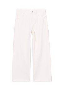 Jean blanc à jambes larges en denim de coton, avec fermeture à bouton et glissière, cinq poches, et des lignes épurées et simples.