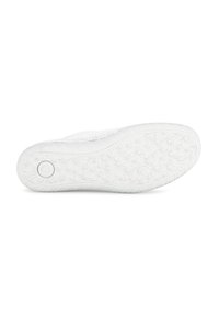 Witte sneaker met een gestructureerde rubberen zool, voorzien van een cirkelvormig logo en een gemêleerd profiel voor grip. Het materiaal lijkt ademend en flexibel.