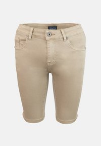 Pantalones cortos de mezclilla beige con un diseño ajustado, que cuentan con dos bolsillos frontales y detalles de costura. La cintura incluye un botón y una cremallera.