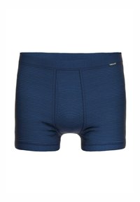 Navy blue boxer shorts with horizontal stripes, elastic waistband, and a fitted design. Made of soft, stretchy fabric for comfort.