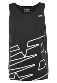 Czarny sportowy podkoszulek wykonany z lekkiego materiału, z białym geometrycznym wzorem na przodzie i okrągłym dekoltem.