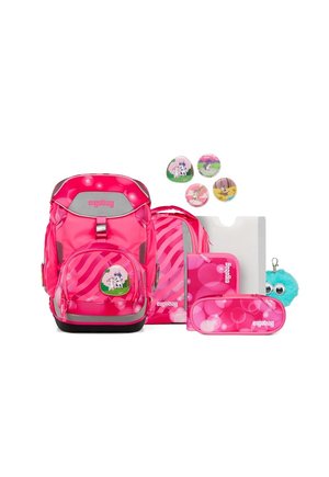 Pink school backpack set with striped patterns, featuring matching pencil case, folder, plush keychain, and four round decorative badges.