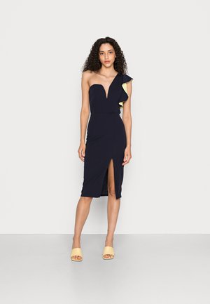 ONE SHOULDER RUFFLE MIDI DRESS - Jersey dress - navy/yellow
