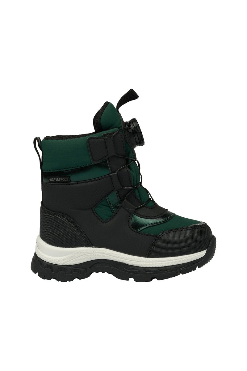 Waterproof winter boot with a black rubber sole and green synthetic upper. Features a secure lace closure and textured accents.