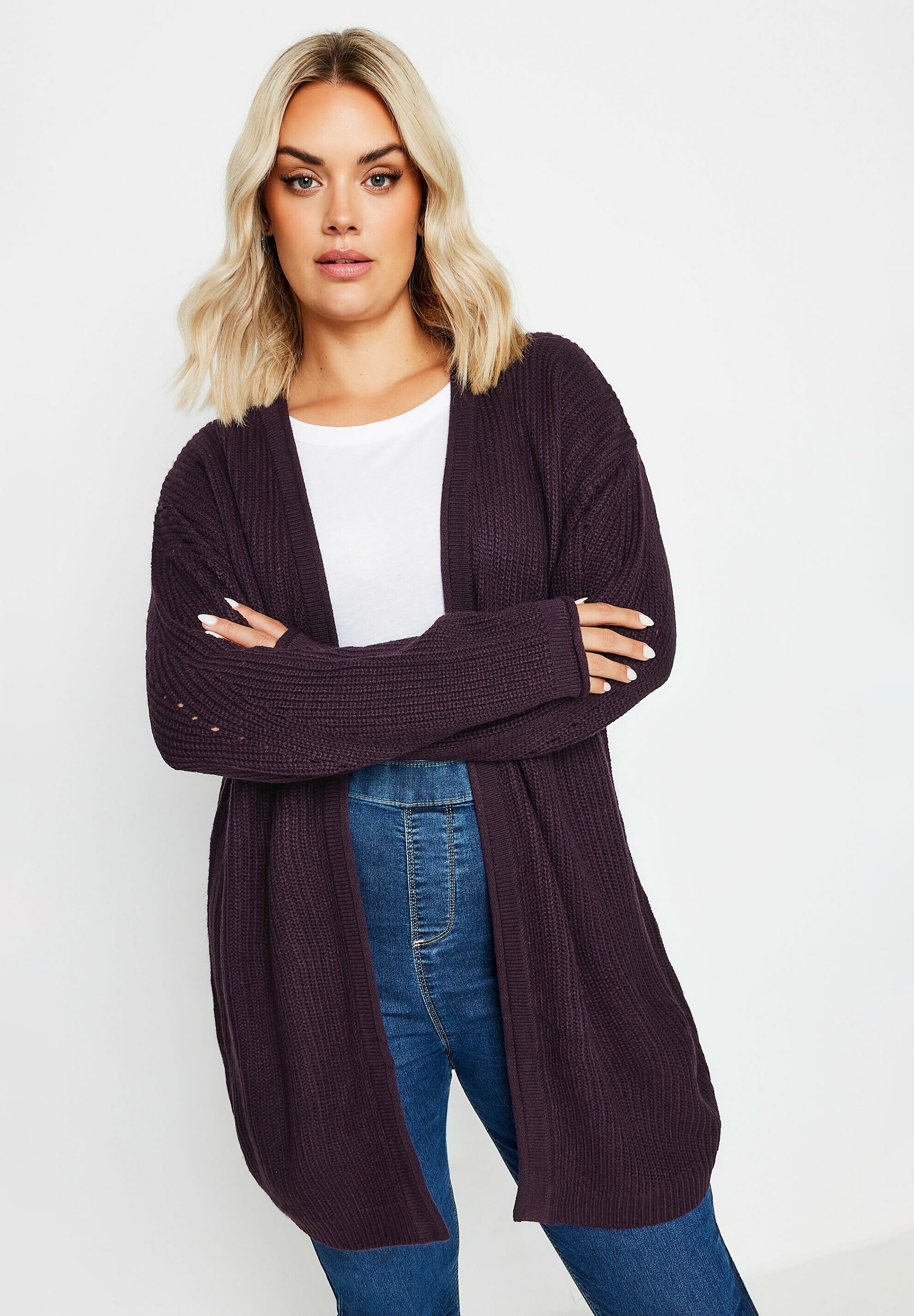 purple open front cardigan