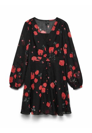 Vestido negro con estampado floral, manga larga, con rosas rojas y hojas verdes. Escote en V, detalle de botones en la parte delantera, tela ligera y translúcida.
