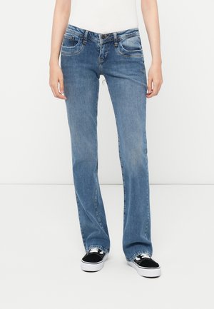 Light blue denim jeans with a straight leg design, five pockets, and subtle fading. Fitted at the waist with a button closure.