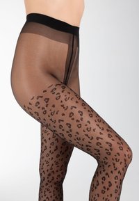 Svart leopardskinnstrømpebukse med gjennomsiktig topp og ugjennomsiktig midjebånd, designet med en glatt tekstur og subtilt dyremønster.