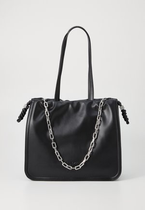 Black leather tote bag with a textured finish, featuring a silver chain and braided handles, structured rectangular shape, and embossed logo.