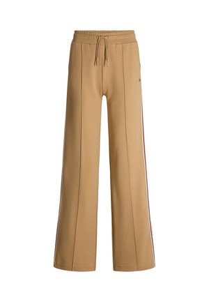 Beige wide-leg pants made from soft fabric, featuring an elastic waistband with a drawstring and side stripes in contrasting colors.