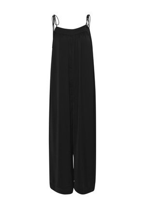 Schwarzer Jumpsuit mit dünnen Schulterbändern, gefaltetem Vorderteil und weit geschnittenem Design. Hergestellt aus weichem Stoff mit glatter Textur.