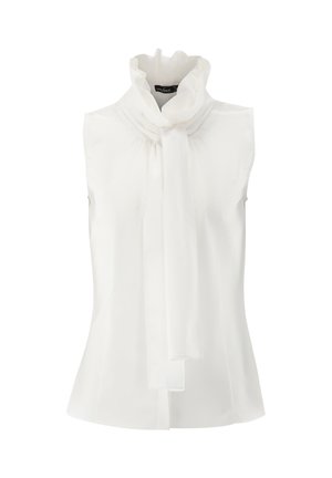 Ärmellose weiße Bluse mit hohem, gerafftem Kragen und Schleifendetail, mit einer glatten, satinähnlichen Textur und maßgeschneiderter Passform.