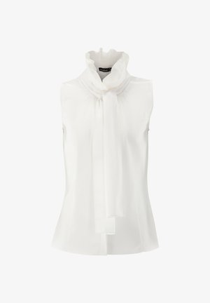 Ärmellose weiße Bluse mit hohem, gerafftem Kragen und Schleifendetail, mit einer glatten, satinähnlichen Textur und maßgeschneiderter Passform.