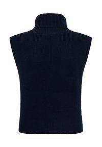 Gilet sans manches noir en laine tricotée avec un col roulé haut, présenté de dos sur fond blanc.