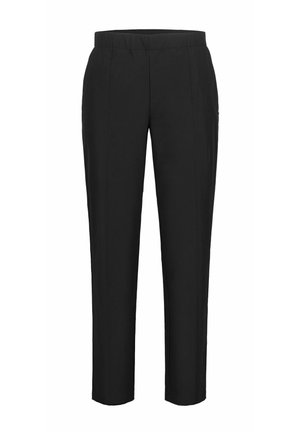 Pantaloni neri su misura a gamba dritta con vita alta, piega sul davanti e tasche laterali, mostrati su sfondo bianco.